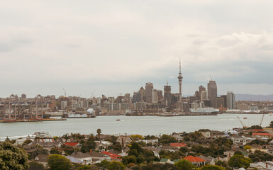 Fototapeta premium A view of the skyline of bustling Auckland, New Zealand's largest city, from Mount Victoria in Devonport. One-third of the population lives in the city.