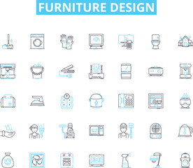 Furniture design linear icons set. Ergonomics, Minimalism, Modularity, Sustainability, Functionality, Aesthetics, Craftsmanship line vector and concept signs. Innovation,Comfort,Timelessness outline