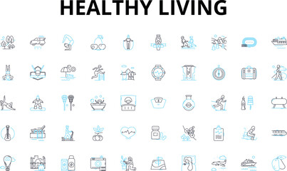 Healthy living linear icons set. Nutrition, Exercise, Meditation, Wellness, Cleanse, Organic, Yoga vector symbols and line concept signs. Hydration,Active,Plant-based illustration
