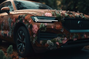 Obraz na płótnie Canvas Car adorned with foliage and flowers utilizing eco-friendly power source. Illustration. Generative AI
