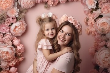 Fototapeta na wymiar Mother and Daughter mother day pink roses AI Generative