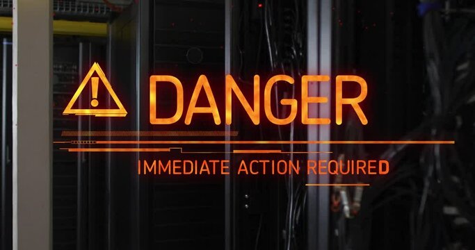 Animation of danger text banner against close up of a computer server
