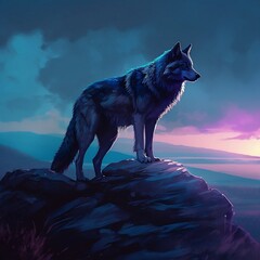wolf standing on cliff at dusk looking amongst the horizon 