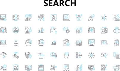 Search linear icons set. Query, Explore, Lookout, Hunt, Probe, Investigate, Scrutinize vector symbols and line concept signs. Analyze,Dig,Browse illustration