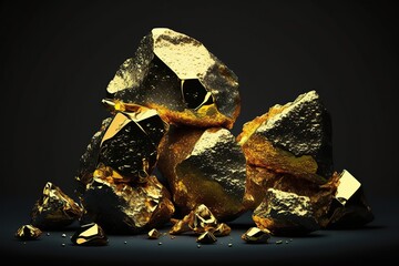 Piles of gold nuggets. Ai. Shiny golden stones in heaps  isolated on black background
