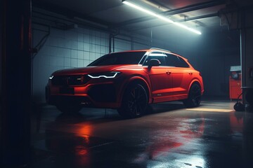 Fototapeta na wymiar Red SUV charging in garage. Custom design. Generative AI