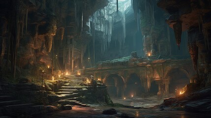 Fototapeta premium cave of the inquisitor, digital art illustration, Generative AI