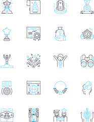 Playification linear icons set. Gamification, Engagement, Rewards, Motivation, Fun, Incentives, Competition line vector and concept signs. Progression,Points,Achievements outline illustrations