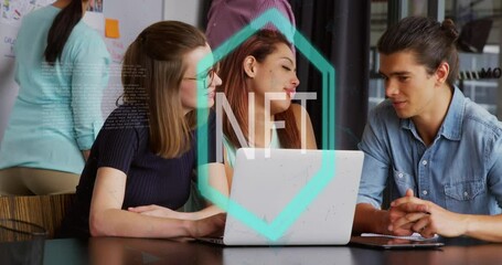 Animation of nft text banner against diverse colleagues discussing together at office - Powered by Adobe