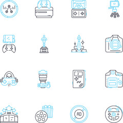 Film production linear icons set. Cinematography, Screenplay, Editing, Lighting, Sound, Directing, Casting line vector and concept signs. Script,Animation,Storyboarding outline illustrations