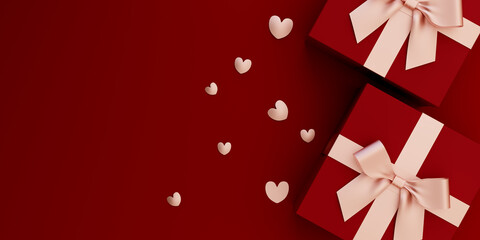 Red gift box and heart-shaped background. 3d rendering