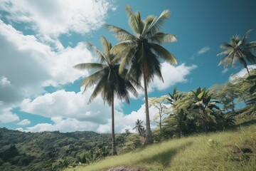 Fototapeta na wymiar Scenic tropical landscape with coconut palm tree against blue sky and white clouds. Generative AI