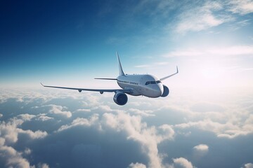 Fototapeta na wymiar 3D airplane flying against a scenic blue sky - travel concept. Generative AI