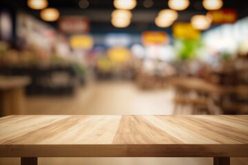 Empty wooden table in front of abstract blurred background of shopping mall . wood table in front can be used for display or montage your products.Mock up for display of product Generative AI