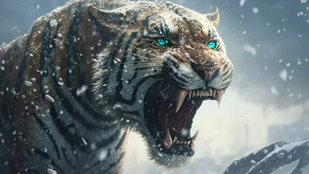 Saber Tooth Tiger Snarling in a Snowstorm. Looping. Menacing Saber Toothed Cat Panting and Baring Fangs in the Snow. Animated Dynamic Background / Wallpaper. Vtuber / Streamer Backdrop. Seamless Loop.