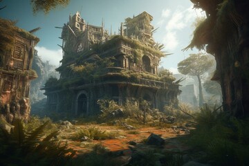 Illustration of post-apocalyptic ruins in a fantasy land, perfect for games. Generative AI