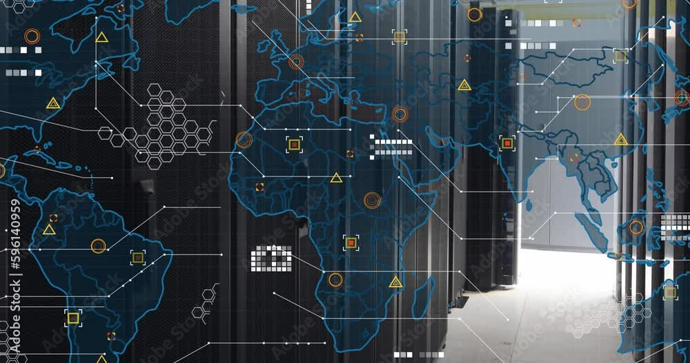 Poster animation of world map and data processing against empty computer server room
