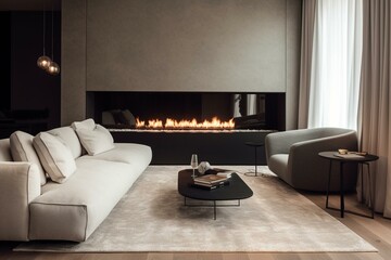 Modern and chic living space with elegant decorations and a fashionable fireplace. Generative AI