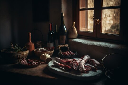 Handmade Spanish cured meats and wine made in scenic rural areas with traditional methods. Generative AI