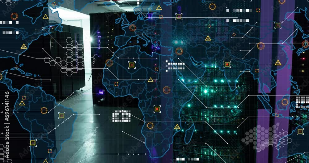 Poster animation of world map and data processing against empty computer server room