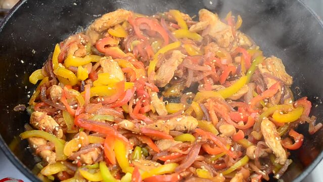 Chicken on Thai. We prepare in a cast iron frying pan.