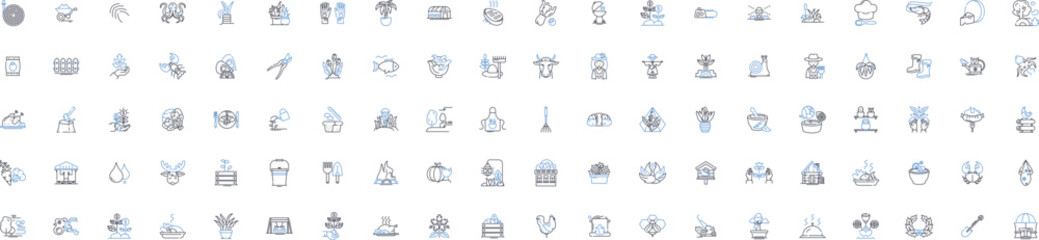 Agriculture sector line icons collection. Cultivation, Harvest, Irrigation, Fertilizer, Livestock, Crop, Agronomy vector and linear illustration. Plow,Tractor,Harvesting outline signs set