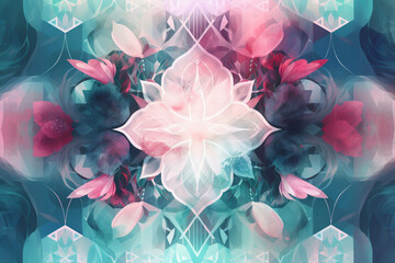 Pink and Blue Flowers Abstract Geometric Pattern Mandala Generative AI