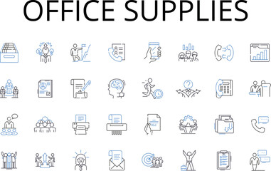 Office supplies line icons collection. Statiry items, Business tools, Work essentials, Writing materials, Desktop accessories, Paper goods, Desk necessities vector and linear illustration. Writing