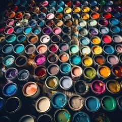 Cans of paint wall art square photo, manufacture palette background, bright color generative ai illustration