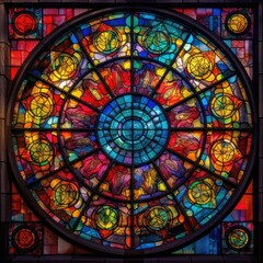 Stained Glass Window wall art square photo, manufacture palette background, bright color generative ai illustration