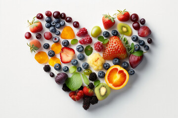 Top view arrangement of heart shaped fruits, healthy, fruit, fit, Generative AI