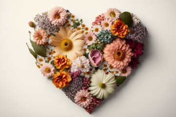 Top view arrangement of colorful flowers with heart shape, healthy, Generative AI