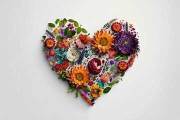 Top view arrangement of colorful flowers with heart shape, healthy, Generative AI