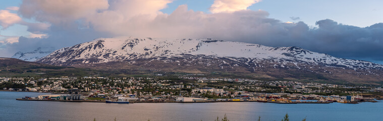 Obraz premium Panoramic view of Akureyri city, is a fifth largest Municipality in Iceland and largest city in Northern Iceland.