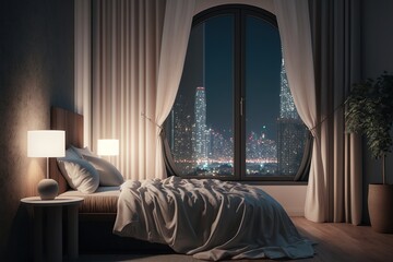 Bedroom interior in modern apartment with city view. Ai