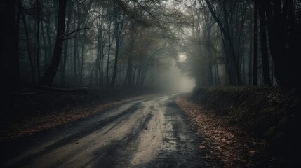Forest road landscape at dark autumn weather  generative ai