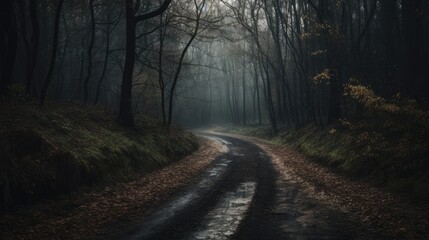 Forest road landscape at moody autumn generative ai