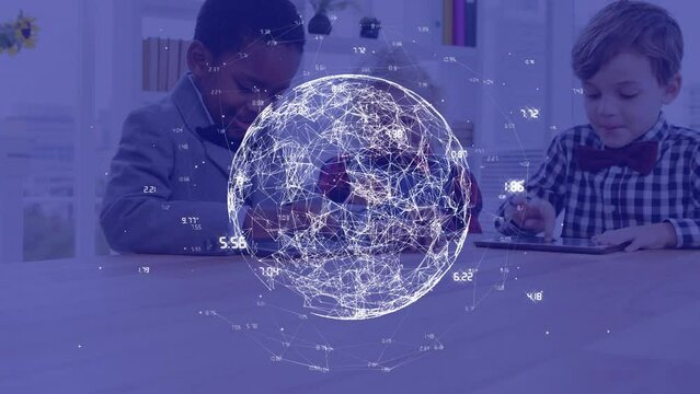 Animation of connected dots forming globe with numbers over diverse children using digital tablet