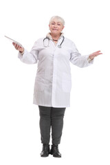 Front view serious medical doctor woman with tablet computer.