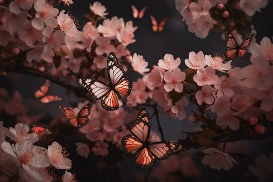 A wallpaper featuring lovely pink peach blossoms and fluttering butterflies. Generative AI