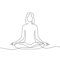 Woman sitting in lotus yoga pose. Continuous one line drawing on white background