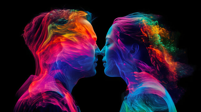 a couple in love, man and woman in flir thermal camera neon colors on black background. single party, couple therapy, generative ai