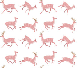 Vector seamless pattern of flat hand drawn pink deer isolated on white background