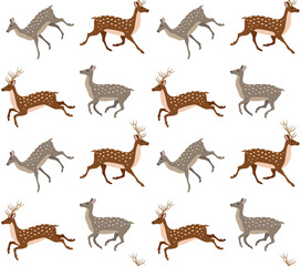 Vector seamless pattern of flat hand drawn deer isolated on white background