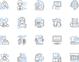 Digital Nomad line icons collection. Freedom, Travel, Flexibility, Location independence, Adventure, Laptop lifestyle, Remote work vector and linear illustration. Entrepreneurship,Virtual teams