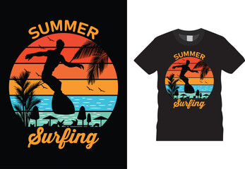 Summer Surfing T Shirt Design Vector Template. mountain, adventure, retro, vector, shirt, typography, Grunge, vintage, outdoor, camp, explore, eye catching T Shirt Ready for Print.  