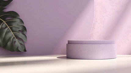 Blank purple cement curve counter podium with texture, soft beautiful dappled sunlight, leaf shadow on white wall for luxury organic cosmetic, skincare, beauty treatment product background 3D