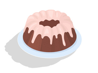 Chocolate cake with icing concept. Dessert and delicacy. Sticker for social networks. Pastry and bakery, homemade. Sweet product, holiday and festival symbol. Cartoon isometric vector illustration