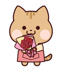 カーネーションの花束を持つエプロンをしたトラ猫