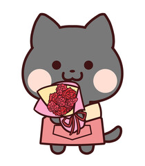 カーネーションの花束を持つエプロンをした黒猫